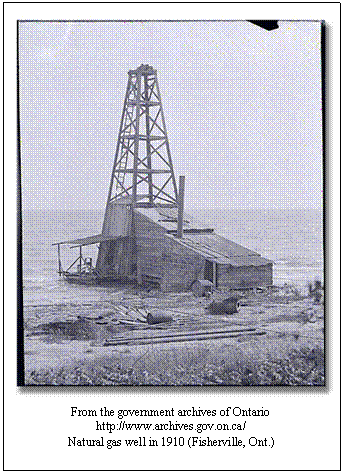 Text Box:  
From the government archives of Ontario
http://www.archives.gov.on.ca/
Natural gas well in 1910 (Fisherville, Ont.)
