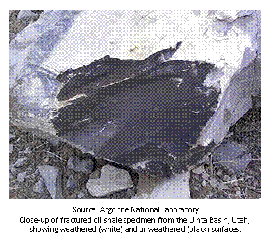 Text Box:  
Source: Argonne National Laboratory
Close-up of fractured oil shale specimen from the Uinta Basin, Utah, showing weathered (white) and unweathered (black) surfaces.
